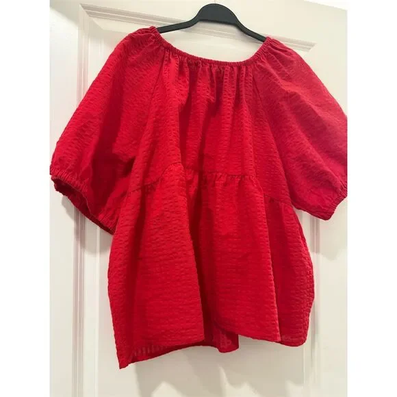 Old Navy Women's XXL Red Puff Sleeve Babydoll Blouse Casual Top - Picture 1 of 3